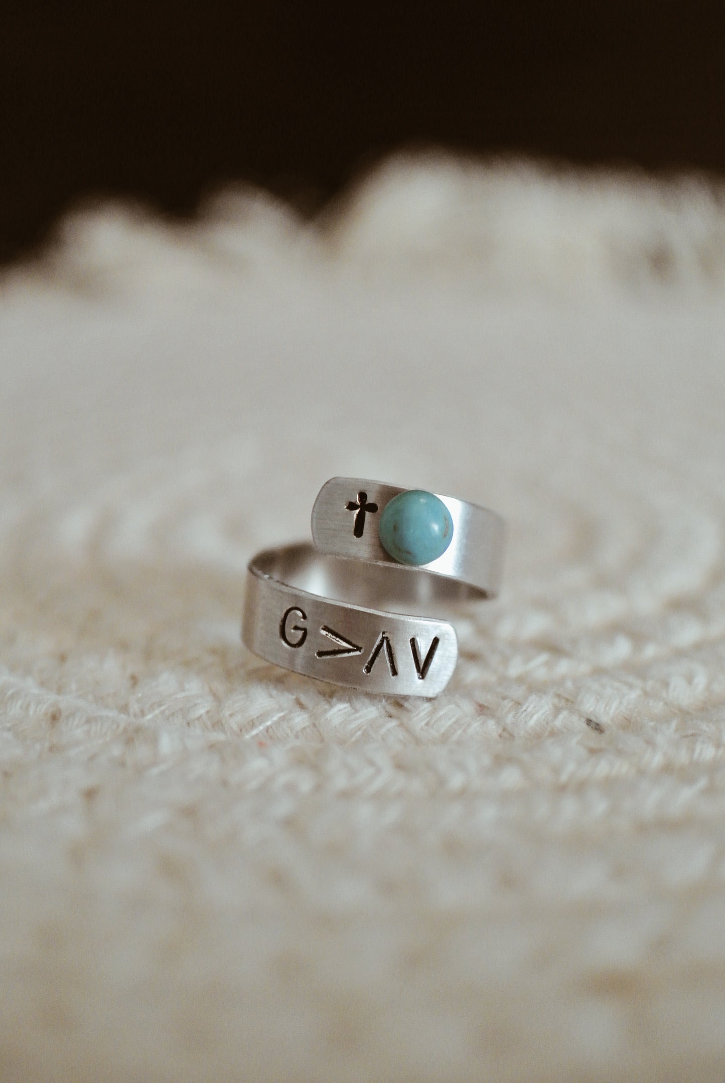 Wrapped Turquoise Ring w/ Cross and God Greater Than Highs and Lows