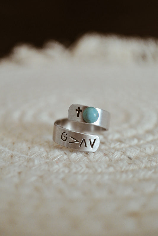 Wrapped Turquoise Ring w/ Cross and God Greater Than Highs and Lows