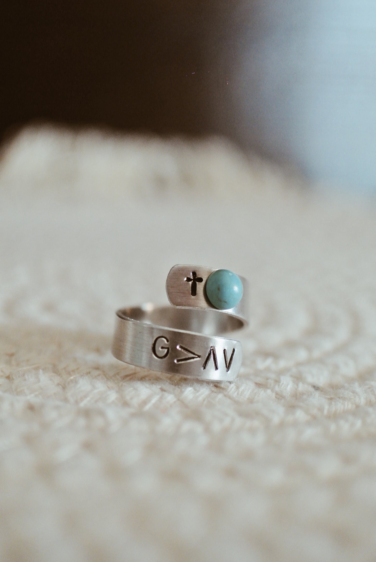 Wrapped Turquoise Ring w/ Cross and God Greater Than Highs and Lows