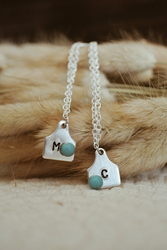 Custom Initial Cow Tag Necklace w/ Turquoise