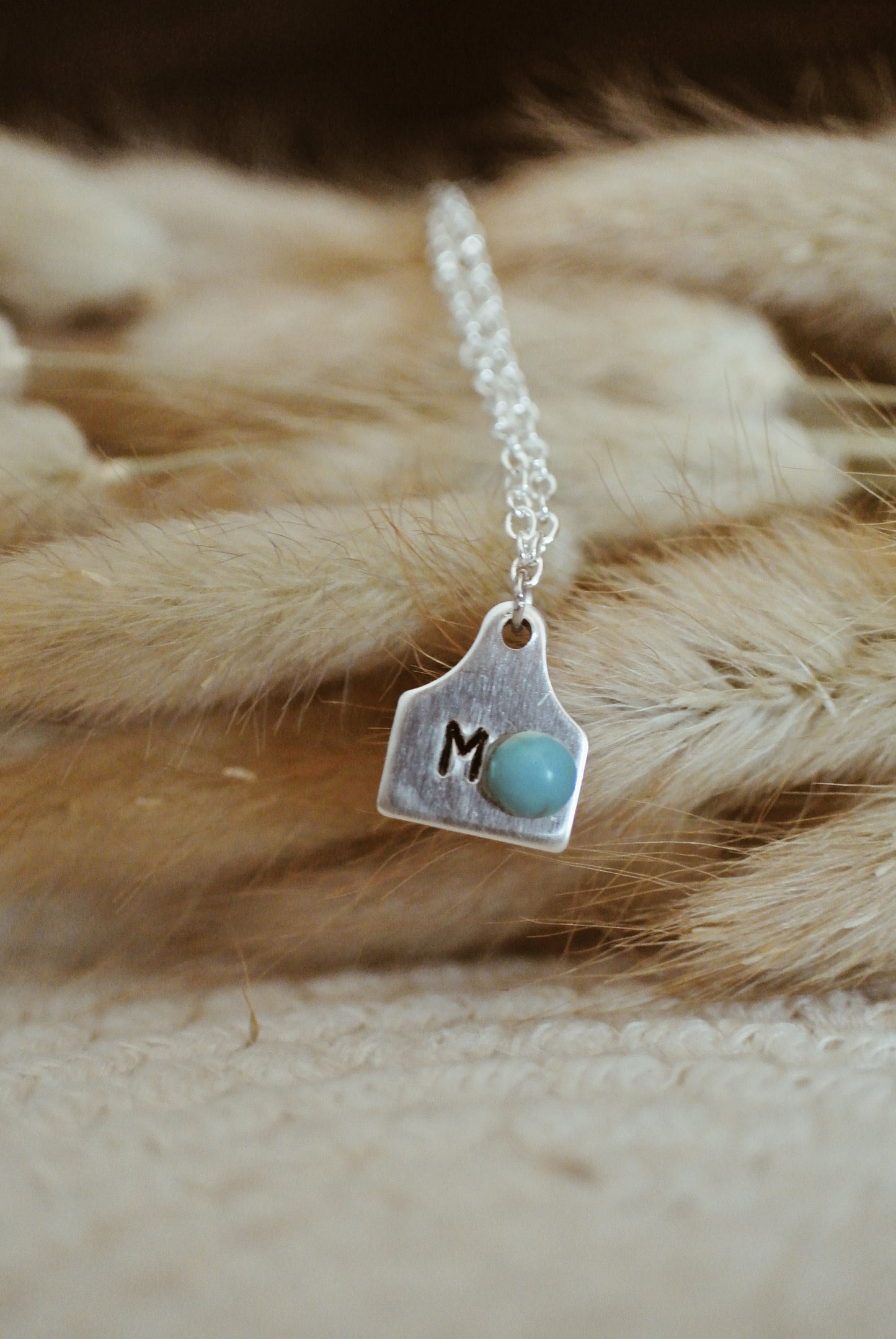 Custom Initial Cow Tag Necklace w/ Turquoise