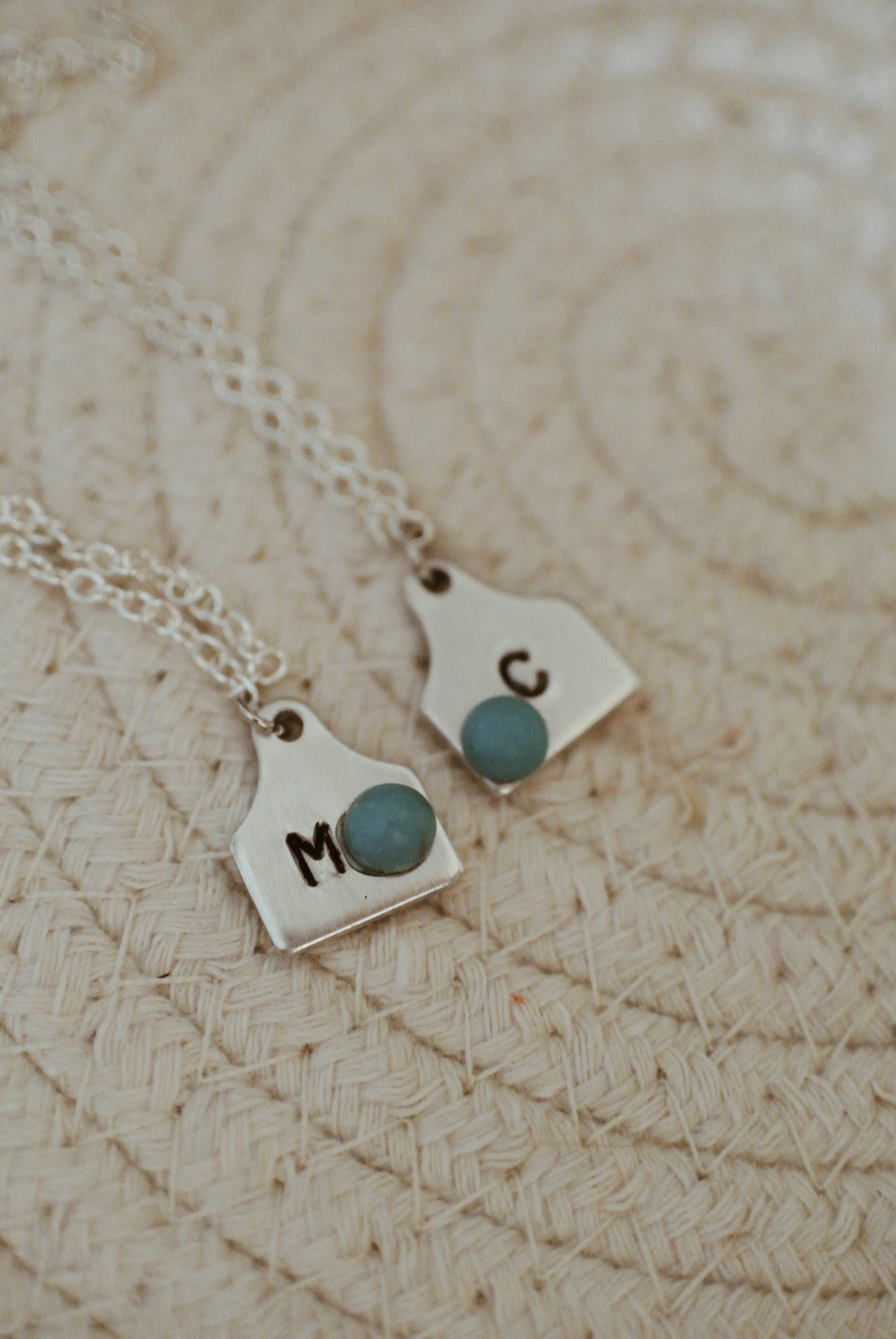 Custom Initial Cow Tag Necklace w/ Turquoise