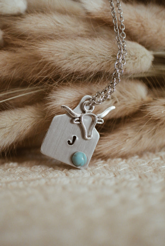 Cow Tag + Long Horn Charm + Turquoise Necklace