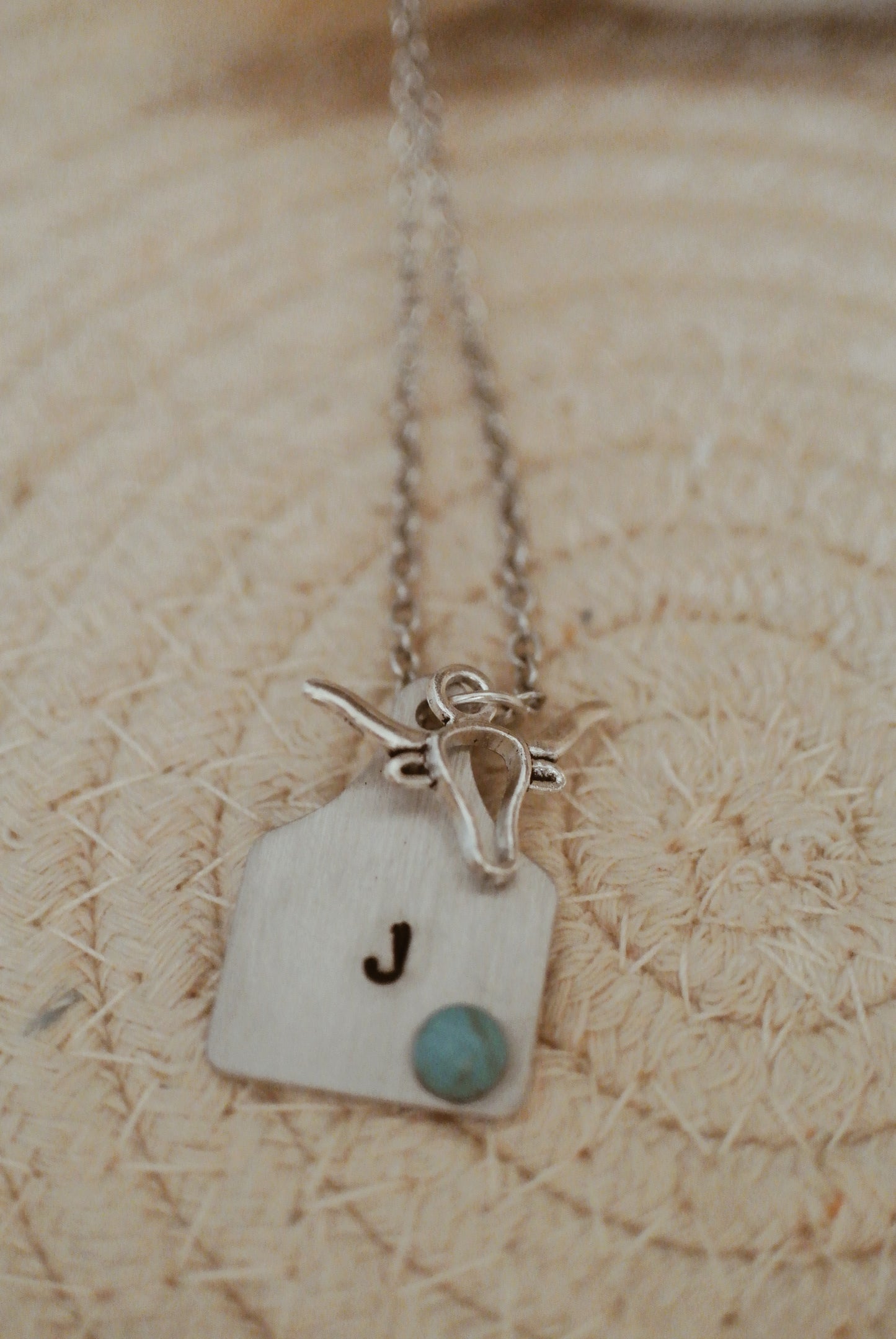 Cow Tag + Long Horn Charm + Turquoise Necklace