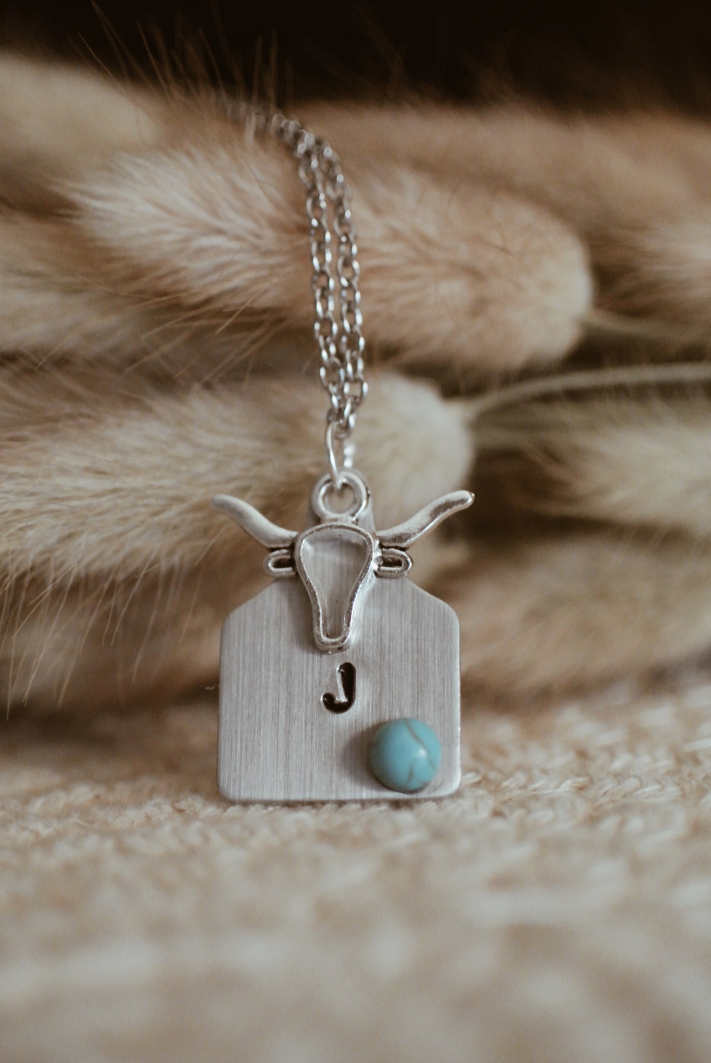 Cow Tag + Long Horn Charm + Turquoise Necklace